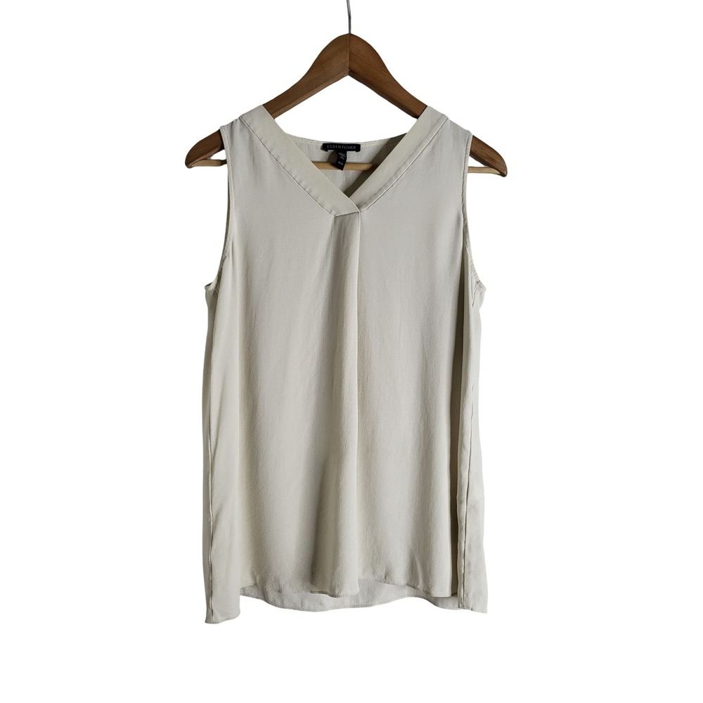 Eileen Fisher 100% Silk V-Neck Sleeveless Top Cream XS Quiet Luxury